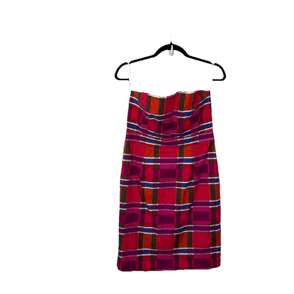 Banana Republic Plaid Dress Strapless Red Pink Blue Wedding Guest Shift Sz 8